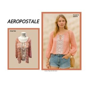 🌸 Aeropostale Boho Crochet Peasant Top | Coral & White Geometric Lace Blouse ✨